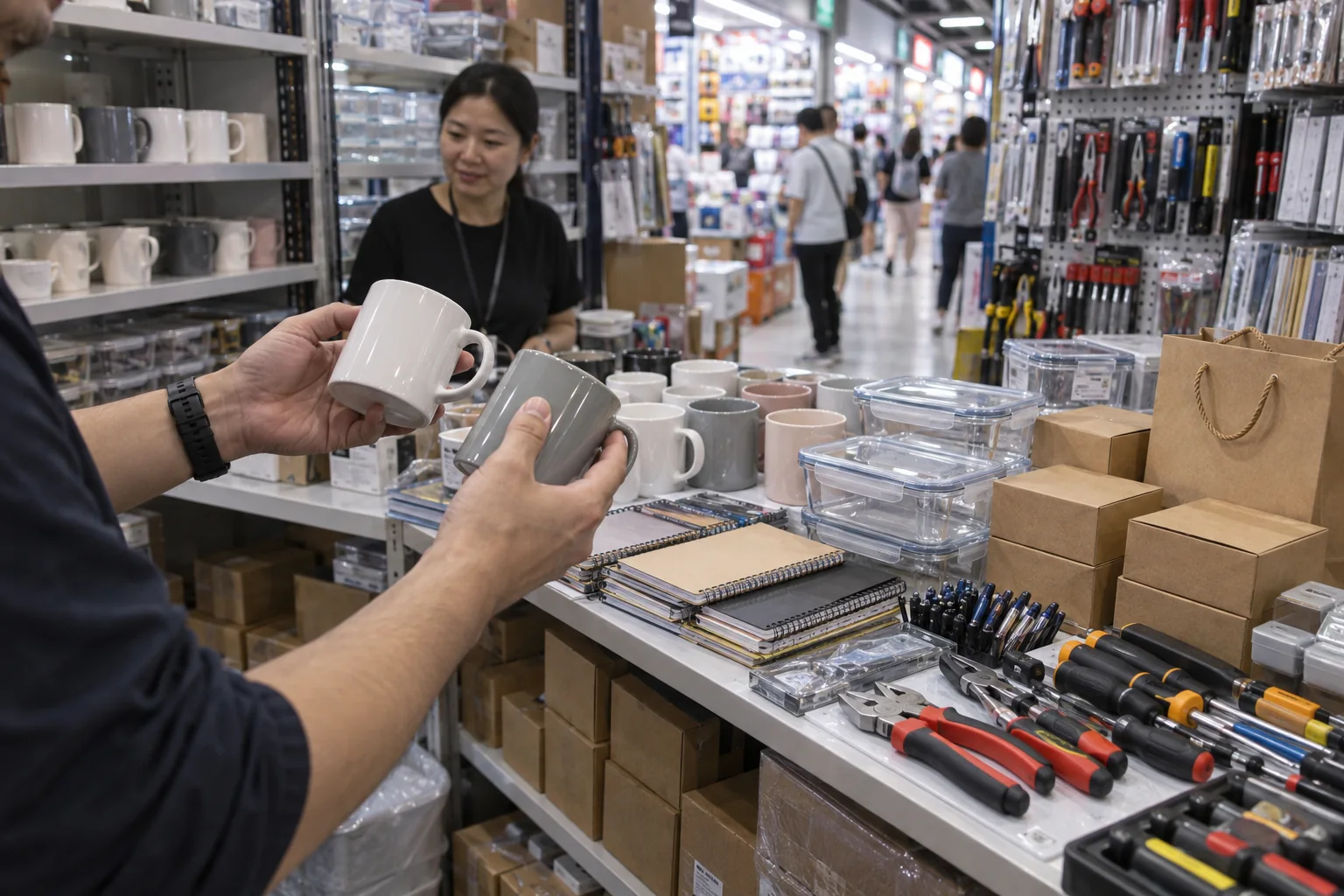 Selección de bazar, librería y herramientas en un puesto mayorista inspirado en Yiwu